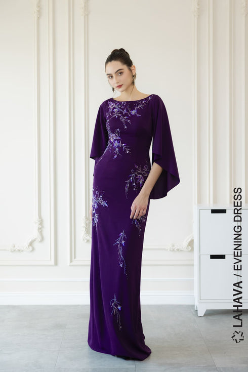 Purple column dress with cape sleeves